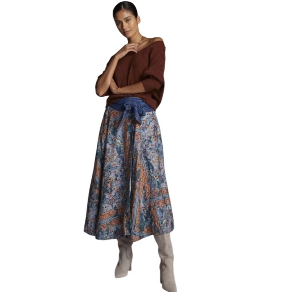 Anthropologie Pilcro Abstract Paisley Denim Waist Midi Skirt Blue Orange L